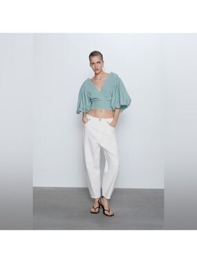Zara Blogger Mint Voluminous Balloon Sleeve Smocked Crop Top